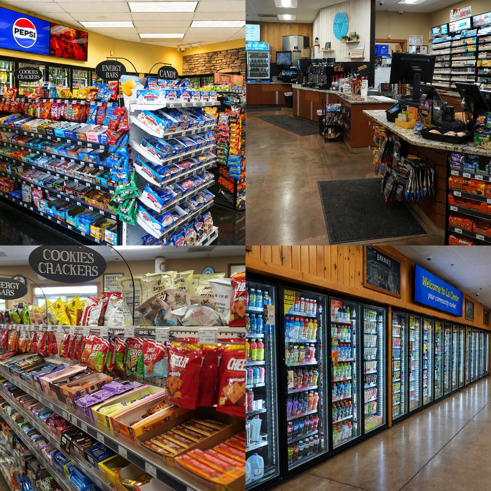 Minit Mart store interiors collage Four views of Minit Mart store interiors, snacks, checkout, and beverage coolers